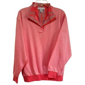 Vintage Izod Club Ladies S Pink Plaid Collar Pullover Cotton Ribbed Hem & Cuffs